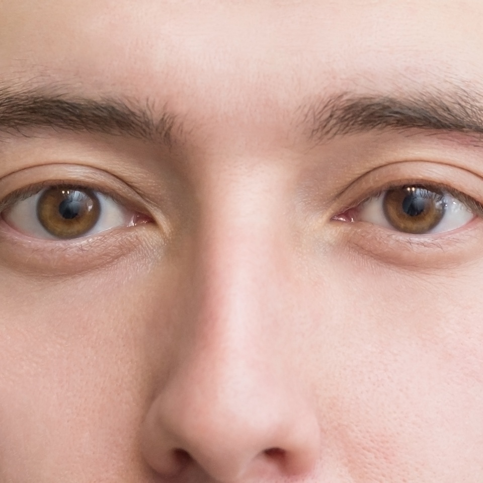 brown eyes of a man, face of a young guy close-up