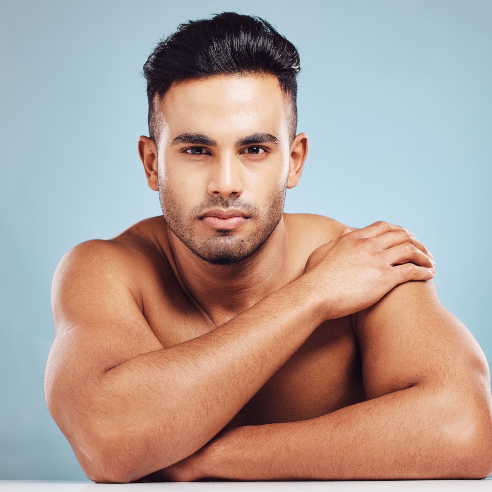 Skincare, wellness and male beauty with india model for cosmetics, health and wellness with skin care, self care and dermatology. Portrait of man in studio for clean, healthy and clear skin in studio