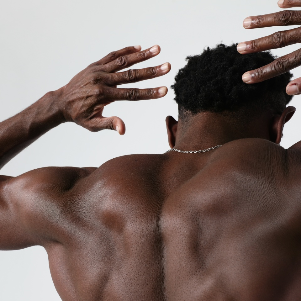 African American athletic man with naked torso and good physique. Mock-up.