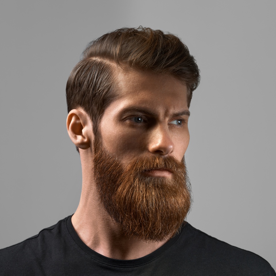 Fashion model with stylish hair and beard. Man with long beard and mustache on serious face isolated on grey background. Barber fashion and beauty.