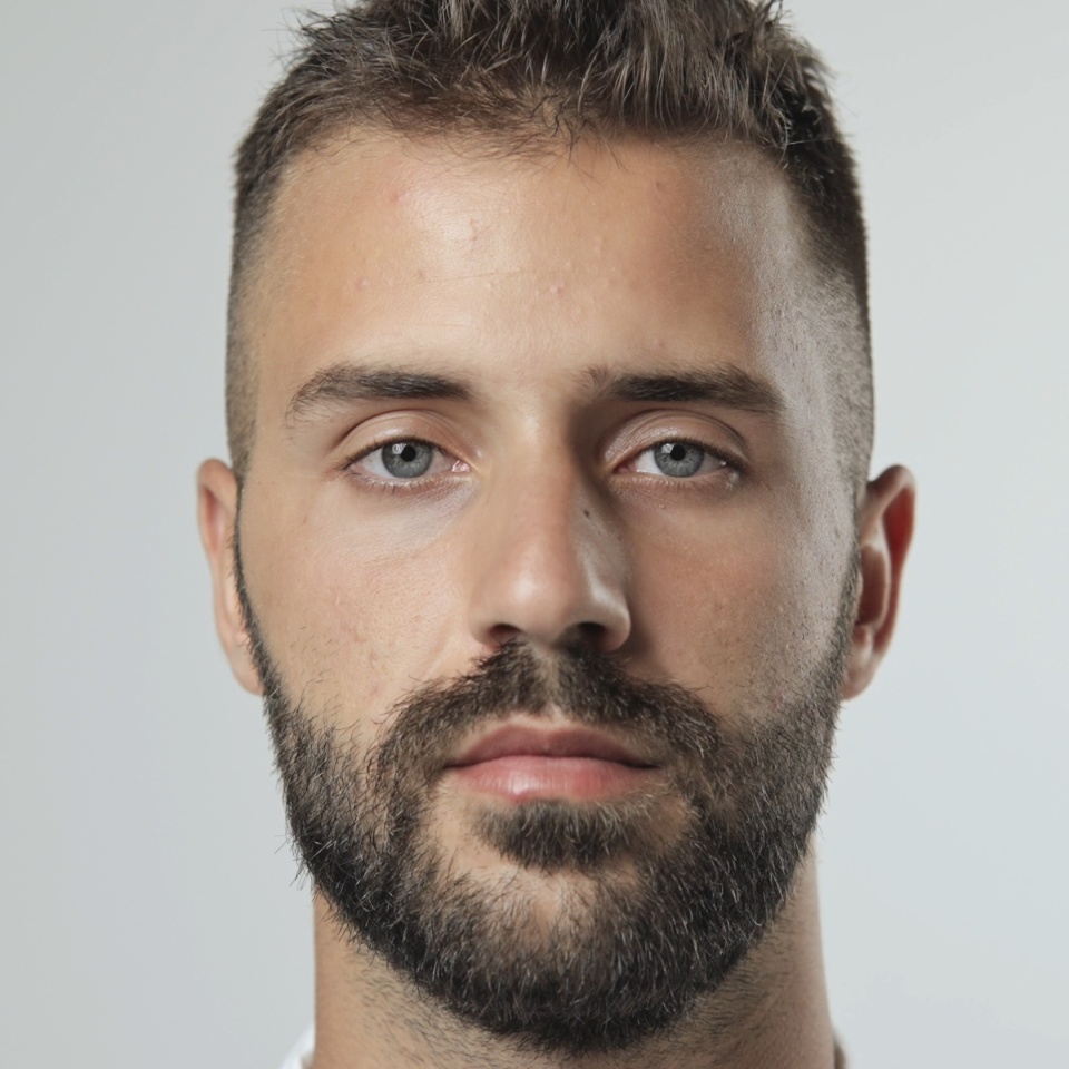 Handsome person look at camera close up. Young adult man face portrait. Stylish 30s guy on isolated white background. Attractive male model. Modern millennial people. Brutal bearded style. Barber shop