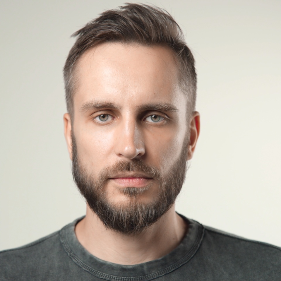 European 30 years old man look camera close up. One sad guy face portrait. Upset people head shot. Tired serious young adult model. Bad mood. Unhappy european male person on white isolated background.