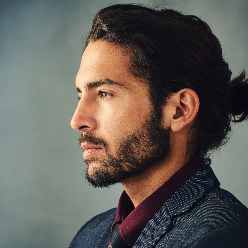 Face, profile and vision with man on studio gray background with space for future or planning. Ideas, mockup and thinking with serious business person for contemplation or problem solving for job