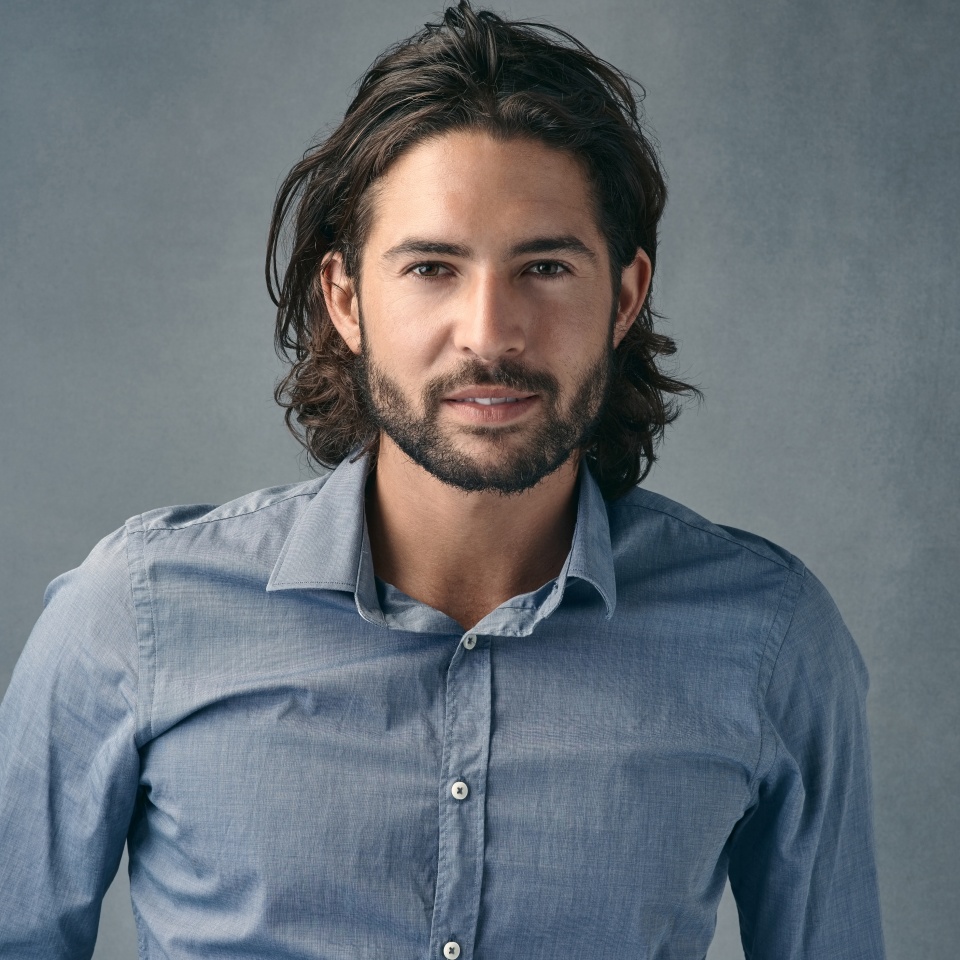 Beard, confident and portrait with business man in studio on gray background for professional career. Face, fashion or work with natural and proud employee or model in shirt for job and occupation