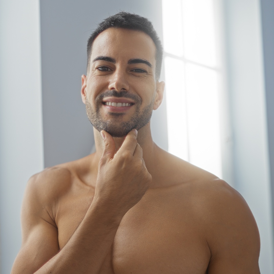 Handsome young hispanic man in a spa salon interior smiling and touching his beard