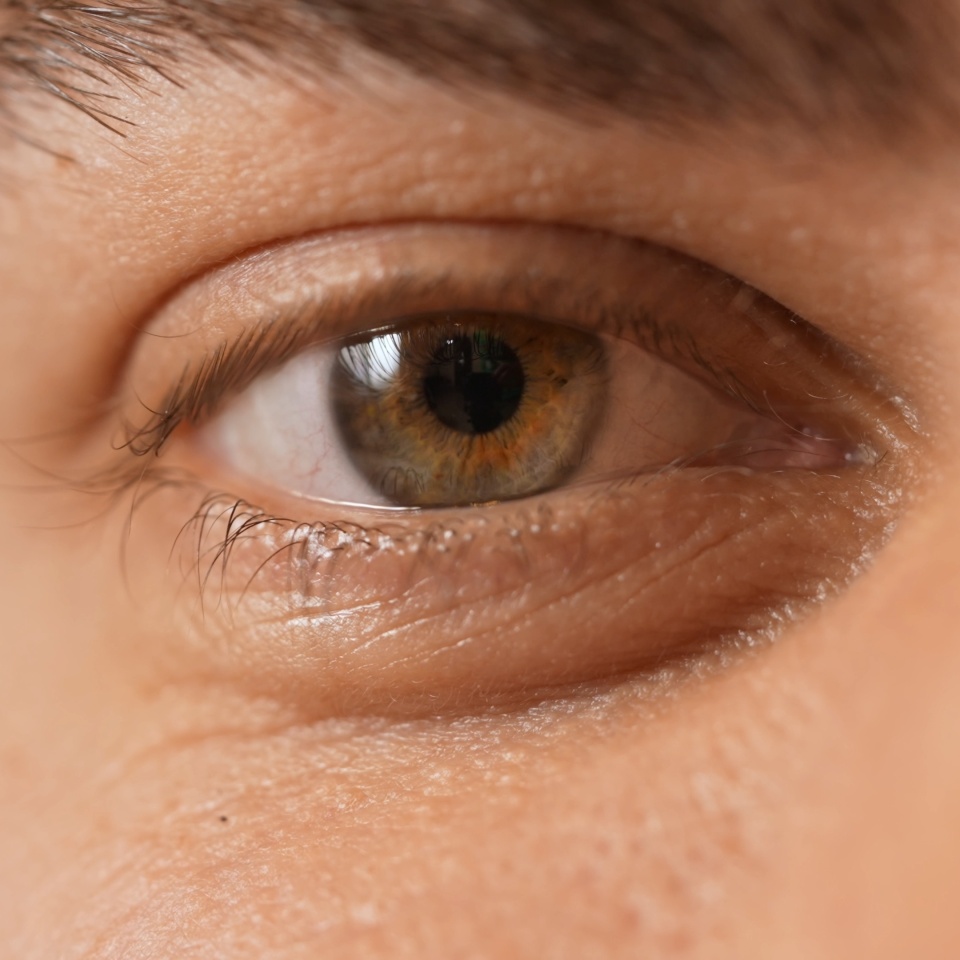Adult handsome man eye close up shot, male looking directly at camera, friendly smiling, relaxed expression.